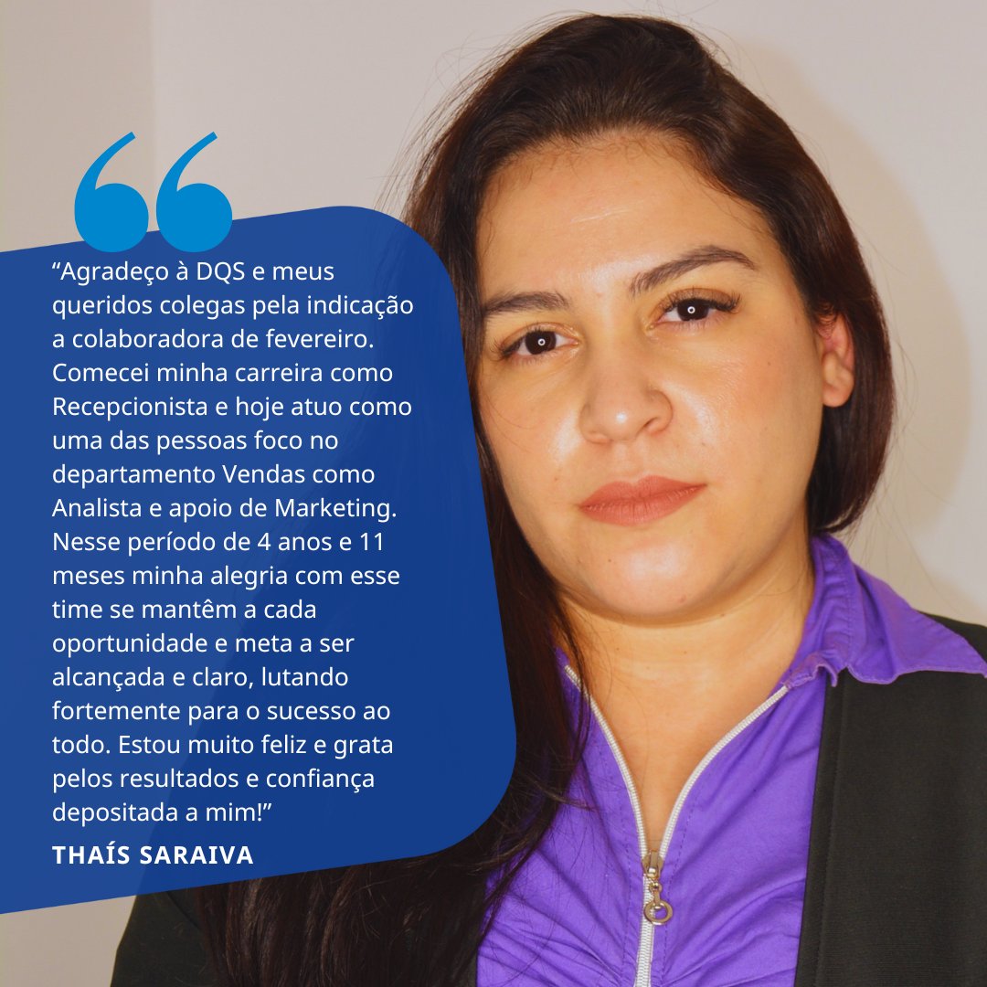 DQSdoBrasil's tweet photo. 🌟 Destaque de Fevereiro: Thaís Saraiva! 🌟

No mês de fevereiro tivemos a felicidade de reconhecer a Thaís Saraiva como a colaboradora do mês.

O colaborador do mês é escolhido com base no atingimento das metas da equipe e é eleito pela sua própria equipe.

#WeAreDQS https://t.co/ZRFKpXNtig
