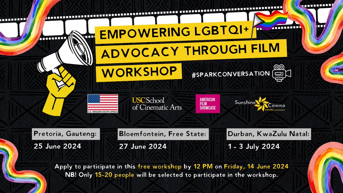 Empowering LGBTQI+ Advocacy Through Film!

Sunshine Cinema in partnership with American Film Showcase and the U.S. Mission to South Africa are looking for 15-20 passionate individuals based in the locations on the poster. 

Apply here forms.gle/2Lixqt33LtuXoE…

#Impactfilm