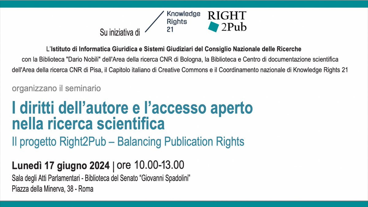 CNRsocial_'s tweet photo. 📌#17giugno ore 10 #Roma
@KR21org, #Cnr_Igsg, Biblioteche #Cnr di Bologna e di Pisa e @cc_italy organizzano il seminario:
"I diritti dell'autore e l'accesso aperto nella ricerca scientifica. Il progetto #Right2Pub-Balancing publication rights"
https://t.co/rQFh1hRqL9
@MC_Carro https://t.co/HOJnq33DtX
