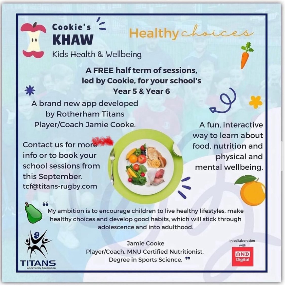 Cookies KHAW is a fun, interactive way to learn about food, nutrition and physical and mental well-being.

The app was developed by Jamie Cooke, player/coach and certified nutritionist.

If your school would like to know more contact us on tcf@titans-rugby.com 🙌🏽

#tcf #rotherham