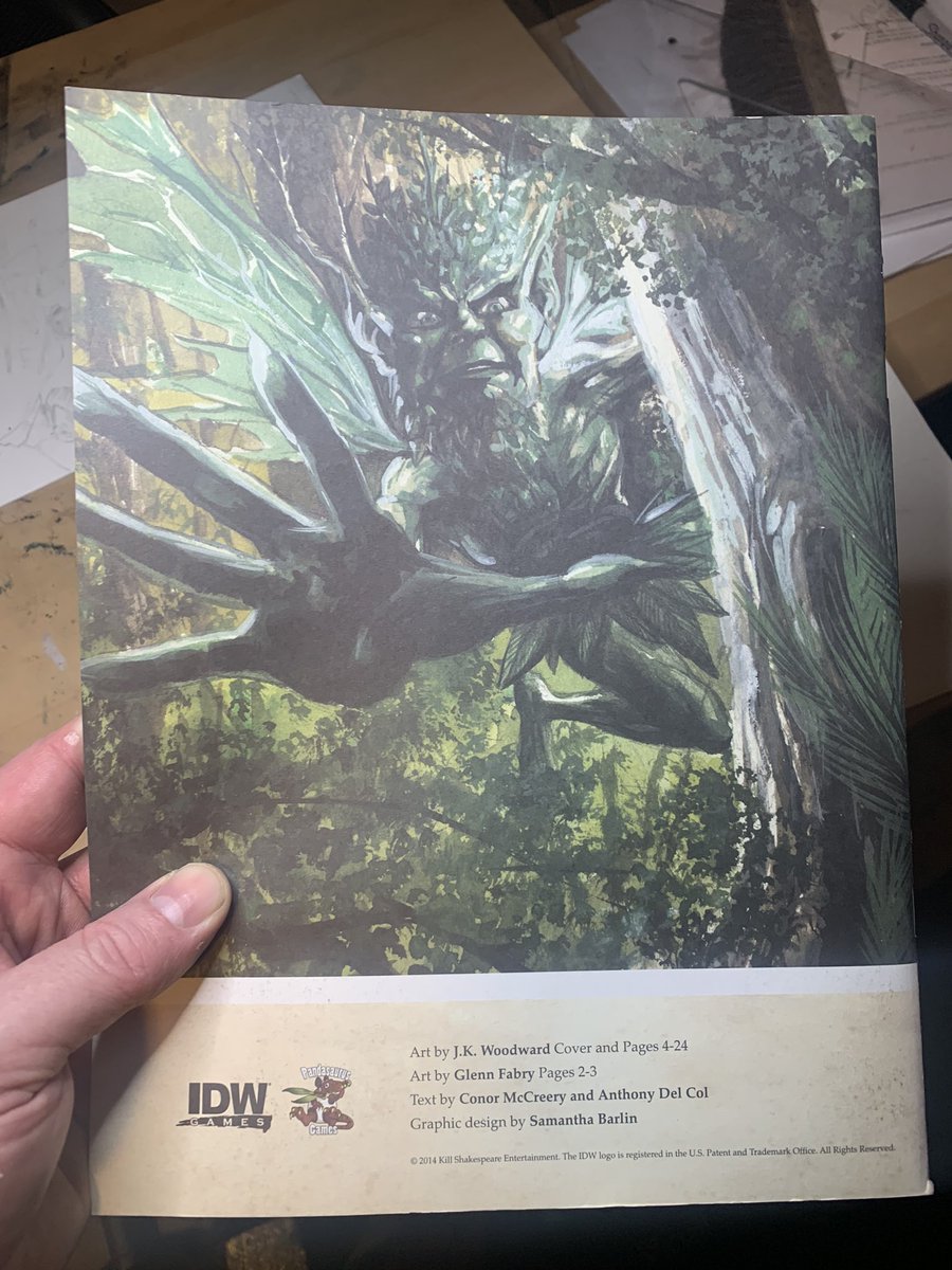 JK_Woodward's tweet photo. I’m moving soon so I’m packing and re discovering some “long lost” work. This is a book made from card designs from the #KillShakespeare game from IDW. I’d forgotten all about it. https://t.co/6zSdVzuYiV