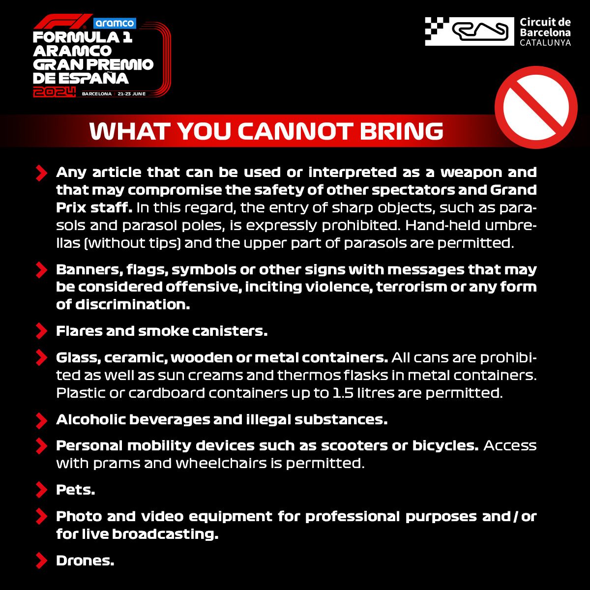 👀 Here is the list of items 𝗡𝗢𝗧 𝗔𝗟𝗟𝗢𝗪𝗘𝗗 at the #F1 #SpanishGP.

#F1Barcelona
👉 circuitcat.com/en/formula-1/