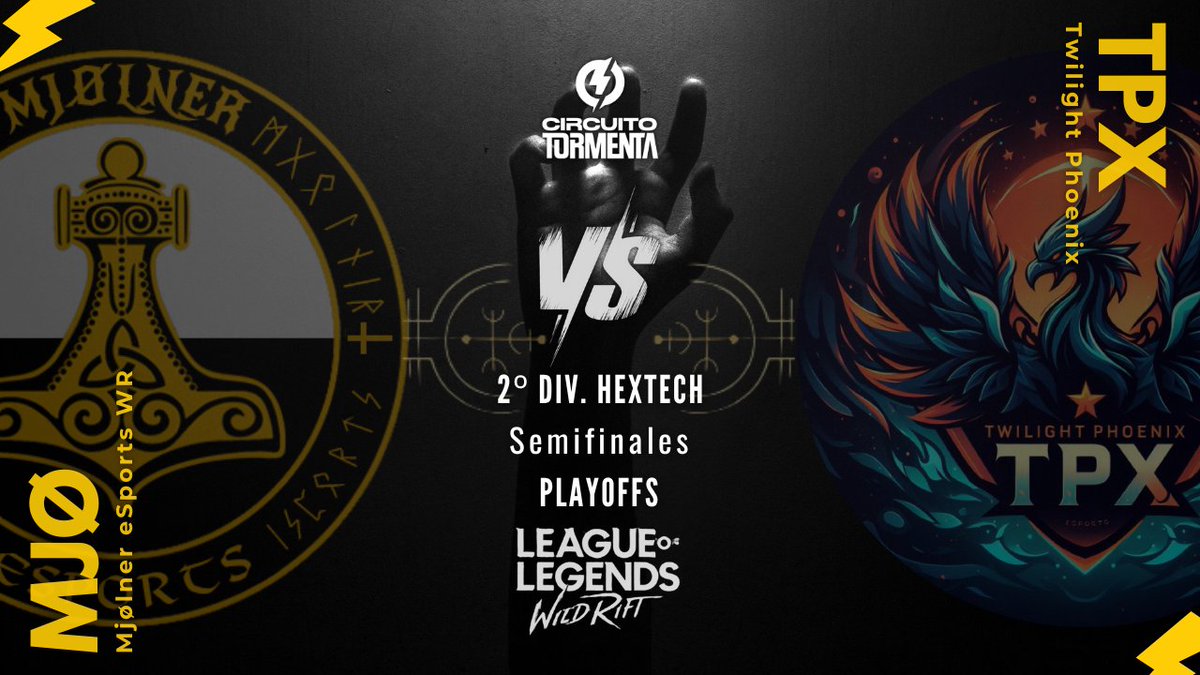 Ya estás aquí los PLAYOFFS!!! <a href="/SomosLaTormenta/">Circuito Tormenta</a> 

Tenemos equipo a batir en semifinales:
⚡️@mjolner_esports WR 🆚 <a href="/TPXeSportsWR/">Twilight Phoenix</a> 🐦

Atentos a nuestras redes para conocer día y hora 💪

#WildRift #LeagueOfLegends #CircuitoTormenta
