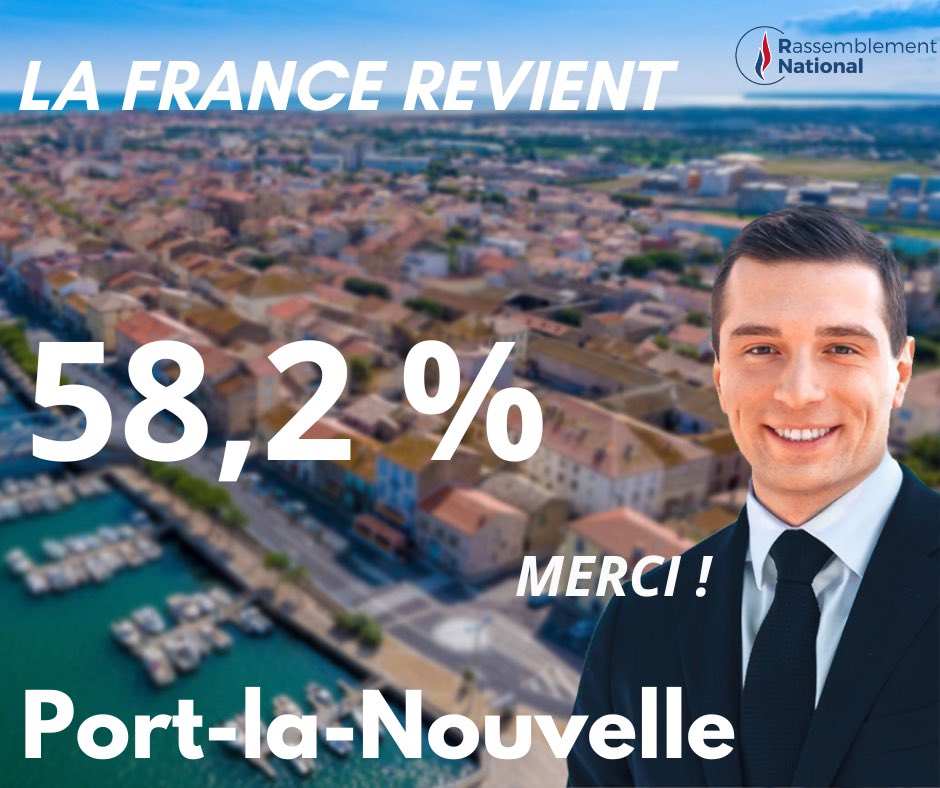 FalconFrederic's tweet image. 🚀Je souhaite tout particulièrement saluer les nouvellois qui ont accordé des suffrages historiquement records à @J_Bardella avec 58,2%! 🇫🇷

Merci du fond du cœur! 🙏

#LaFranceRevient #Europennes2024 #PortLaNouvelle #Narbonne