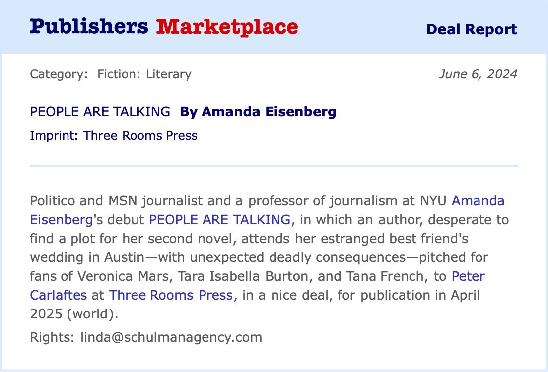 BREAKING NEWS: 3RP acquired rights toPEOPLE ARE TALKING, the fiercely original debut novel of <a href="/amandaeisenber/">Amanda Eisenberg</a>, slated for release in April 2025.
