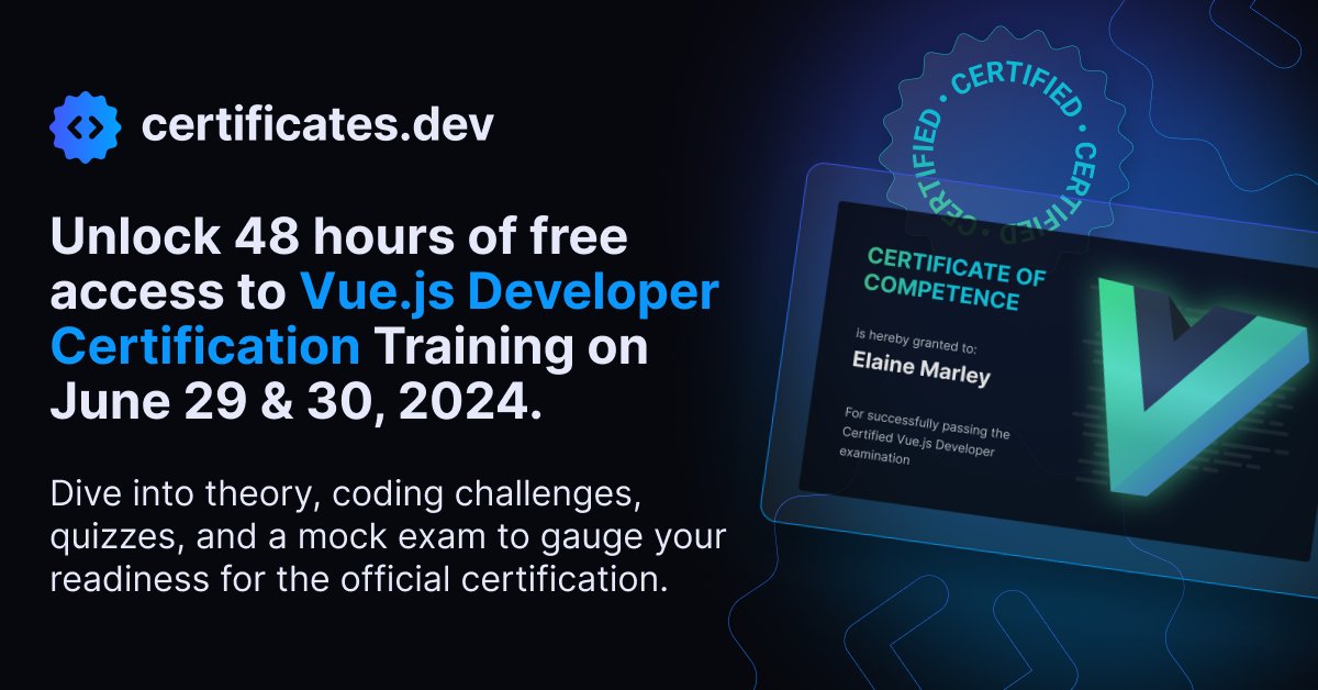 CertificatesDev's tweet image. Mark your calendars 🗓️
Get ready for FREE access to the Vue.js Certification training material on June 29th & 30th!
Gain access to interactive exercises, quizzes, guides & a mock exam designed to help you ace the #VueJs Certificate exam. 🏆
Are you in? Sign up for free…