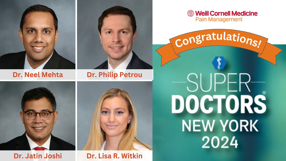 WCMPain's tweet photo. Congratulations to Drs. @LisaWitkin, @Jatinjoshi, Neel Mehta and Philip Petrou for being named 2024 New York #SuperDoctors 'Rising Stars'. This honor highlights outstanding physicians who have made impactful contributions in their field.
Please join us in congratulating them! https://t.co/0YHoPsYpaY
