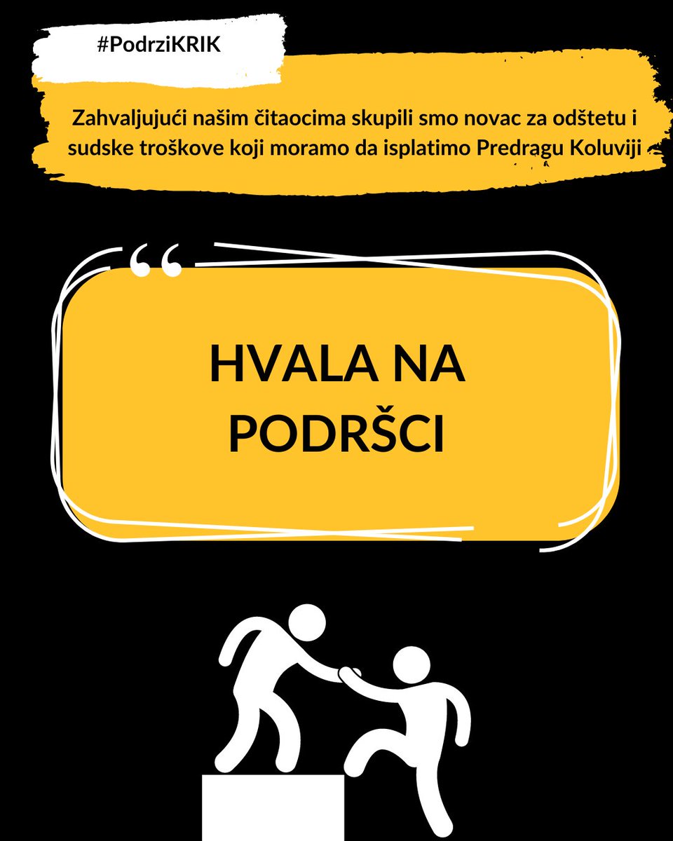 ✊Srećni smo što možemo da objavimo da smo skupili novac za odštetu i sudske troškove koji moramo da isplatimo Predragu Koluviji – i to zahvaljujući podršci naših sjajnih čitalaca!

Borba nije završena, ali nastavljamo je uz ogromnu podršku koju nam pružate. 

Svaki vid podrške