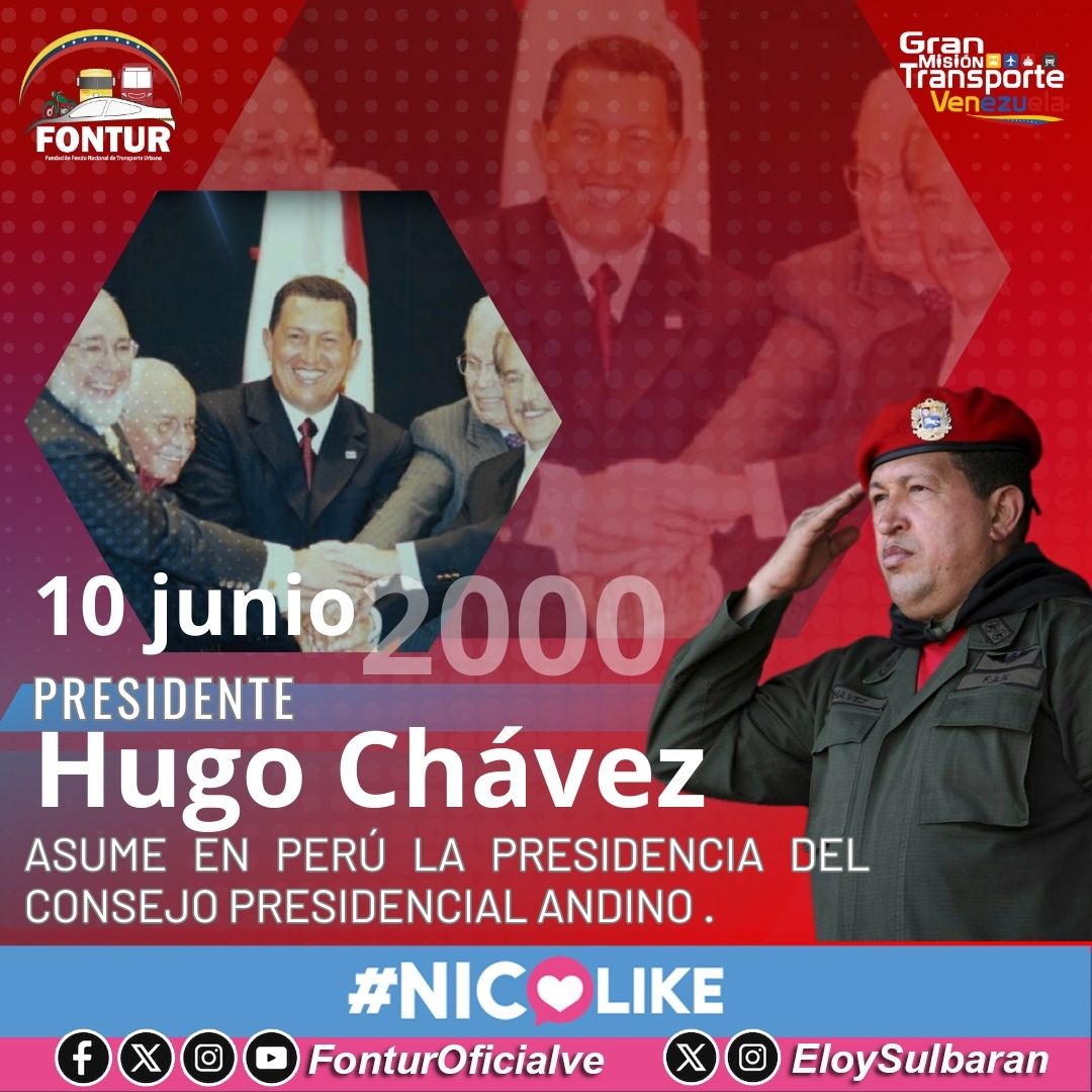 #Efeméride |Tal día como hoy #10Jun pero del año 2000, el Comandante Hugo Chávez asume la presidencia del Consejo Presidencial Andino en Perú, el máximo órgano del Sistema Andino de Integración que ejerce la dirección de decisión política.
#NicoTieneLasRiendasterio