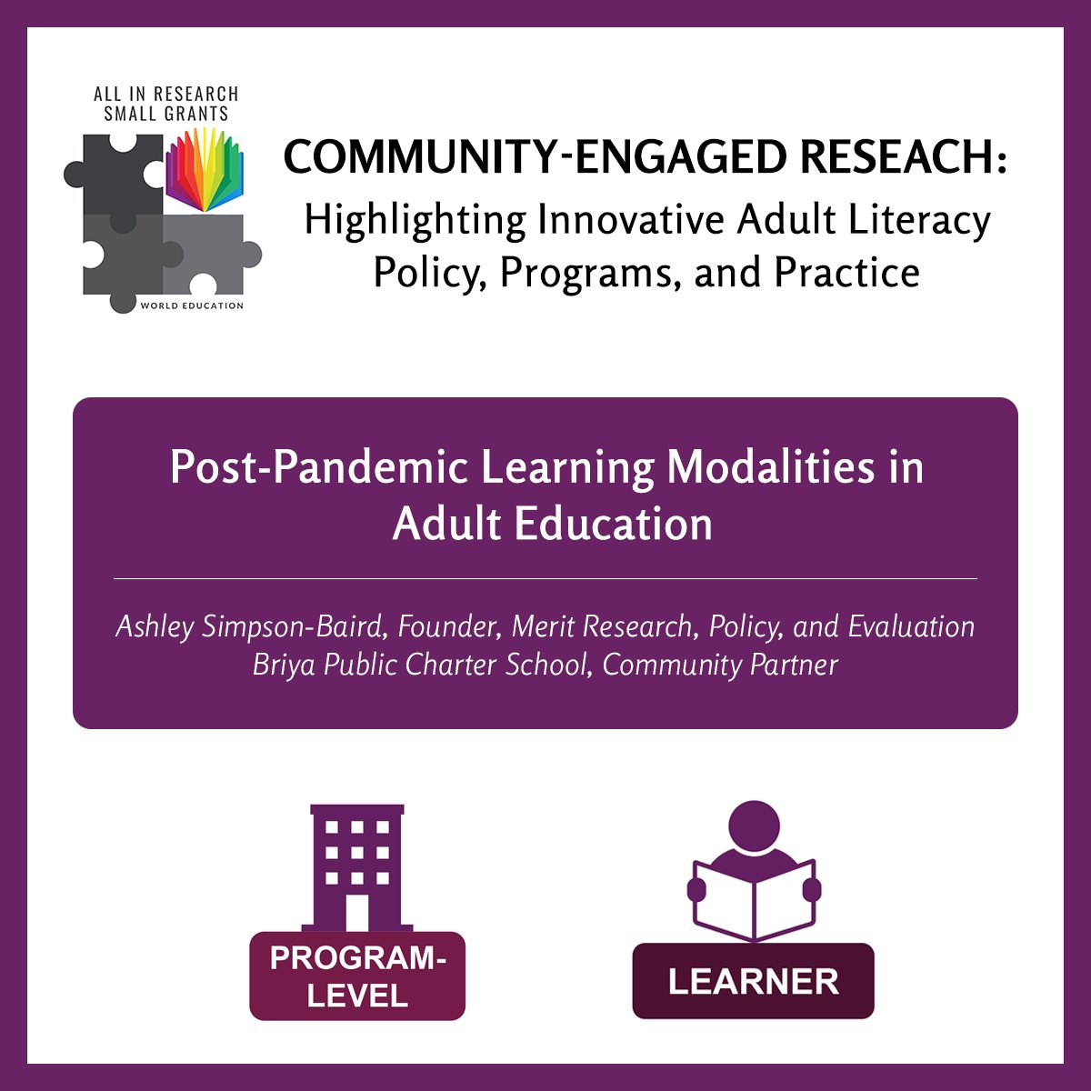 Ashley Simpson-Baird shared her work with Briya Public Charter School, an innovative two-generation school serving immigrant parents and their young children, during the ALL IN Research Small Grants Initiative showcase: rb.gy/rx1lte