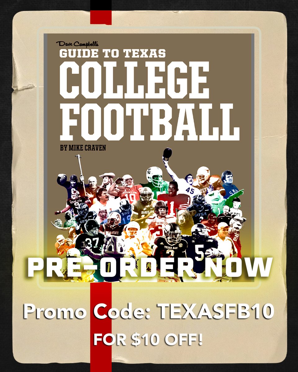dctf's tweet photo. ANNOUNCEMENT: DAVE CAMPBELL'S GUIDE TO TEXAS COLLEGE FOOTBALL, written by @CravenMike! 

A limited-edition book that offers an unparalleled look into the tradition and pageantry of Texas college football.

PRE-ORDER your copy today and use our promo code "TEXASFB10" for $10 Off! Books will ship out in August. 

#dctf #wreckem #hookem #gigem #eatemup #gofrogs #gocoogs #gmg #birdsup #goowls #eatemupkats #picksup #sicem #ponyup  

Read more: https://t.co/OXeys0rnVR