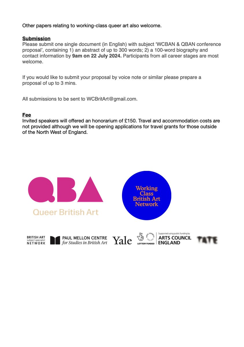 🚨CfP🚨 Deadline for abstracts: Monday 22 July, 9am

We are teaming up with <a href="/WCBritArt/">Working Class British Art Network</a> for a conference called, Stretching the Canon: Working Class and Queer British Art Today. To be held <a href="/WhitworthArt/">the Whitworth</a> on 6 Sept. Paid fee of £150 to deliver paper. 
Please do 🔄