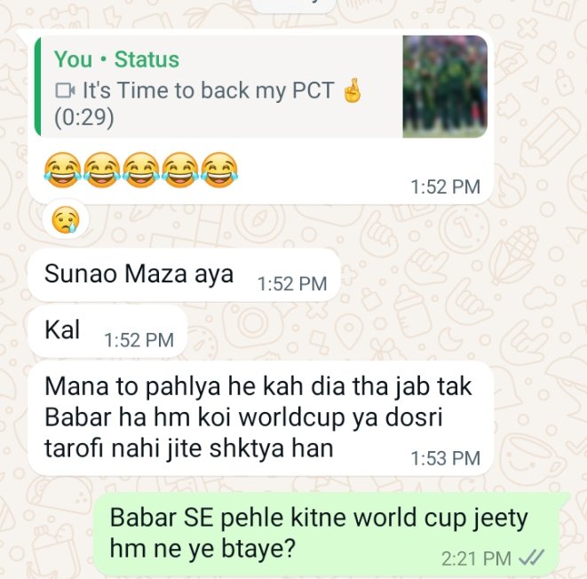 People are torturing me as if I am responsible for this loss. Bro I am as hurt as you are.
And what does "Tmhara Babar or Tmhari team" mean? If they won everyone would own them by shouting "Hmari team," but now they lost the match, thus this is only my team or my Babar.
#PakvsInd