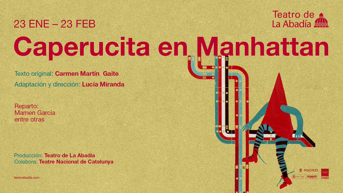 Teatro de La Abadía (@teatroabadia) on Twitter photo <a href="/octubrepuntopro/">Octubre Producciones</a> <a href="/CiudadanaMartaR/">Marta Rivera 🇪🇸</a> <a href="/ComunidadMadrid/">Comunidad de Madrid</a> <a href="/MADRID/">Ayuntamiento Madrid</a> <a href="/INAEM_Cultura/">INAEM</a> <a href="/depacoserrano/">Mariano de Paco Serrano</a> <a href="/PerisMencheta/">Peris-Mencheta</a> <a href="/barcopirataorg/">Barco Pirata</a> <a href="/labelmontemarta/">de nuevo in da house</a> <a href="/carlanyman_/">carla nyman</a> <a href="/teatrokamikaze/">Teatro Kamikaze</a> <a href="/bonelliandrea/">Andrea Bonelli</a> <a href="/TeatroPerezGal2/">Teatro Pérez Galdós</a> <a href="/GIMadrid/">Goethe-Institut MAD</a> <a href="/CSanchisclara/">Clara Sanchis</a> <a href="/EntrecajasP/">Entrecajas Producciones Teatrales SL</a> <a href="/TARTEANteatroa/">TARTEAN teatroa</a> <a href="/MollyHopeTaylor/">Molly Taylor</a> <a href="/salabeckett/">Sala Beckett</a> <a href="/Bucharta/">Miguel Rellán</a> <a href="/InExtremisT/">InExtremis Teatro</a> <a href="/teatrelliure/">Teatre Lliure</a> CAPERUCITA EN MANHATTAN 🗽
<a href="/luciarmiranda/">Lucia Miranda</a> dirige esta #T2425LaAbadía la adaptación de uno de los títulos más traducidos y queridos de Carmen Martín Gaite. <a href="/mamenustedes/">Mamen Garcia Martin</a> será Miss Lunatic en esta propuesta viva protagonizada solo por mujeres.
🗓️ 23 ene - 23 feb <a href="/octubrepuntopro/">Octubre Producciones</a> <a href="/CiudadanaMartaR/">Marta Rivera 🇪🇸</a> <a href="/ComunidadMadrid/">Comunidad de Madrid</a> <a href="/MADRID/">Ayuntamiento Madrid</a> <a href="/INAEM_Cultura/">INAEM</a> <a href="/depacoserrano/">Mariano de Paco Serrano</a> <a href="/PerisMencheta/">Peris-Mencheta</a> <a href="/barcopirataorg/">Barco Pirata</a> <a href="/labelmontemarta/">de nuevo in da house</a> <a href="/carlanyman_/">carla nyman</a> <a href="/teatrokamikaze/">Teatro Kamikaze</a> <a href="/bonelliandrea/">Andrea Bonelli</a> <a href="/TeatroPerezGal2/">Teatro Pérez Galdós</a> <a href="/GIMadrid/">Goethe-Institut MAD</a> <a href="/CSanchisclara/">Clara Sanchis</a> <a href="/EntrecajasP/">Entrecajas Producciones Teatrales SL</a> <a href="/TARTEANteatroa/">TARTEAN teatroa</a> <a href="/MollyHopeTaylor/">Molly Taylor</a> <a href="/salabeckett/">Sala Beckett</a> <a href="/Bucharta/">Miguel Rellán</a> <a href="/InExtremisT/">InExtremis Teatro</a> <a href="/teatrelliure/">Teatre Lliure</a> CAPERUCITA EN MANHATTAN 🗽
<a href="/luciarmiranda/">Lucia Miranda</a> dirige esta #T2425LaAbadía la adaptación de uno de los títulos más traducidos y queridos de Carmen Martín Gaite. <a href="/mamenustedes/">Mamen Garcia Martin</a> será Miss Lunatic en esta propuesta viva protagonizada solo por mujeres.
🗓️ 23 ene - 23 feb