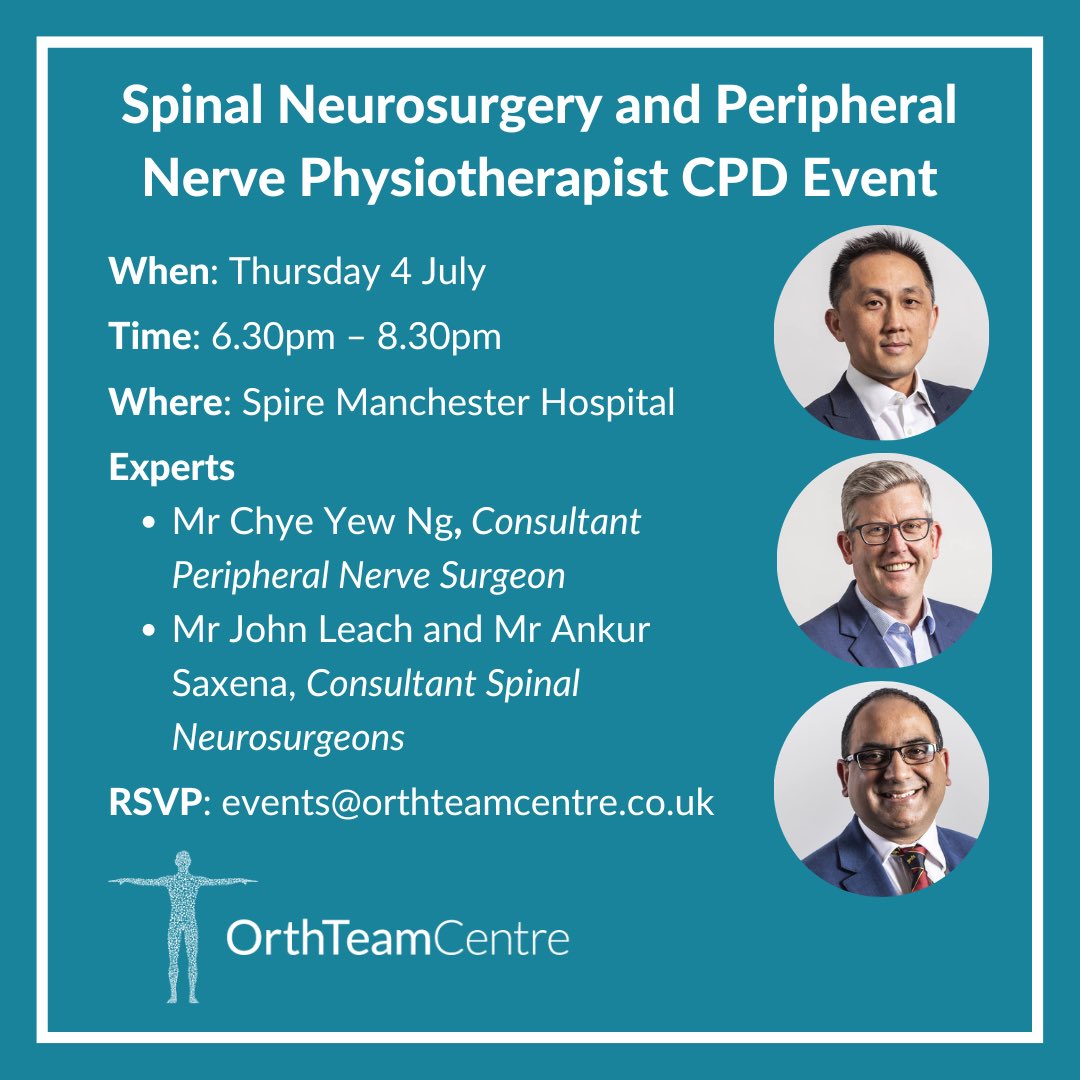 OrthT's tweet photo. ✨🏃🏾⏱Physios - Don’t miss our Spinal Neurosurgery and Peripheral Nerve Event! ✨
When: 4 July, 6.30 - 8.30pm
Where: Spire Manchester Hospital
Find out more and secure your spot
➡️ https://t.co/aUUatvGW6F
#physioevent #physiotherapist #spinalneurosurgery #peripheralnerve https://t.co/N1YHi5U8BT