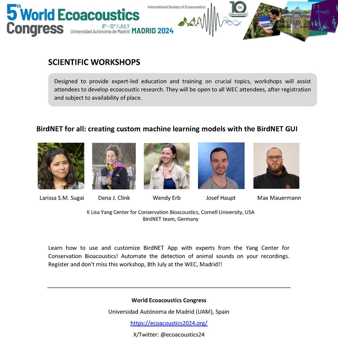 🎤🐤Learn how to use and customize @BirdNET_App
with experts from the Yang Center for Conservation Bioacoustics! Automate the detection of animal sounds on your recordings. Register and don't miss this excellent workshop, 8th July at the WEC, Madrid!!🤓🗓️ecoacoustics2024.org