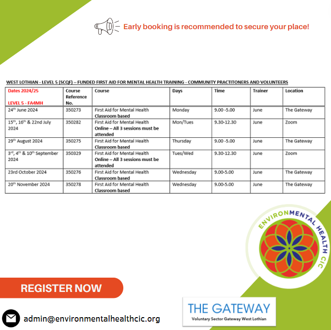 Fully Funded First Aid for Mental Health training for those working or volunteering in West Lothian! workers &amp; volunteers, gain vital skills.

Dates below. Email admin@environmentalhealthcic.org with Course Ref. to join!

#WestLothian #MentalHealth #Community #NeverMoreNeeded