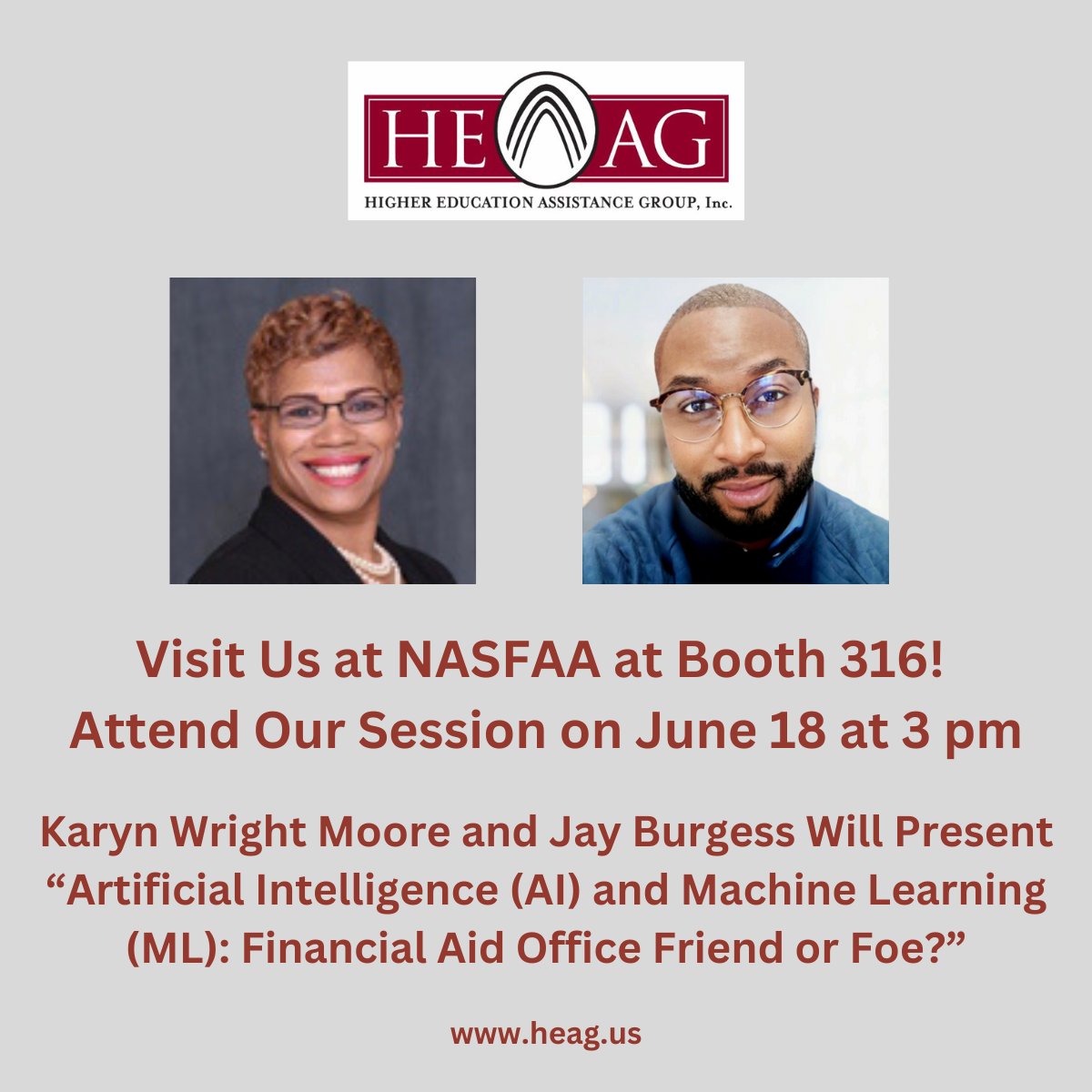 HEAG_INC's tweet photo. Visit us at Booth 316 at #NASFAA2024 &amp; learn about our #highered consulting services. Attend our 6/18 session on #AI &amp; #MachineLearning &amp; explore the benefits &amp; risks of using these technologies in the administration &amp; management of financial aid programs. #fachat #edchat https://t.co/lbOWChaXLX