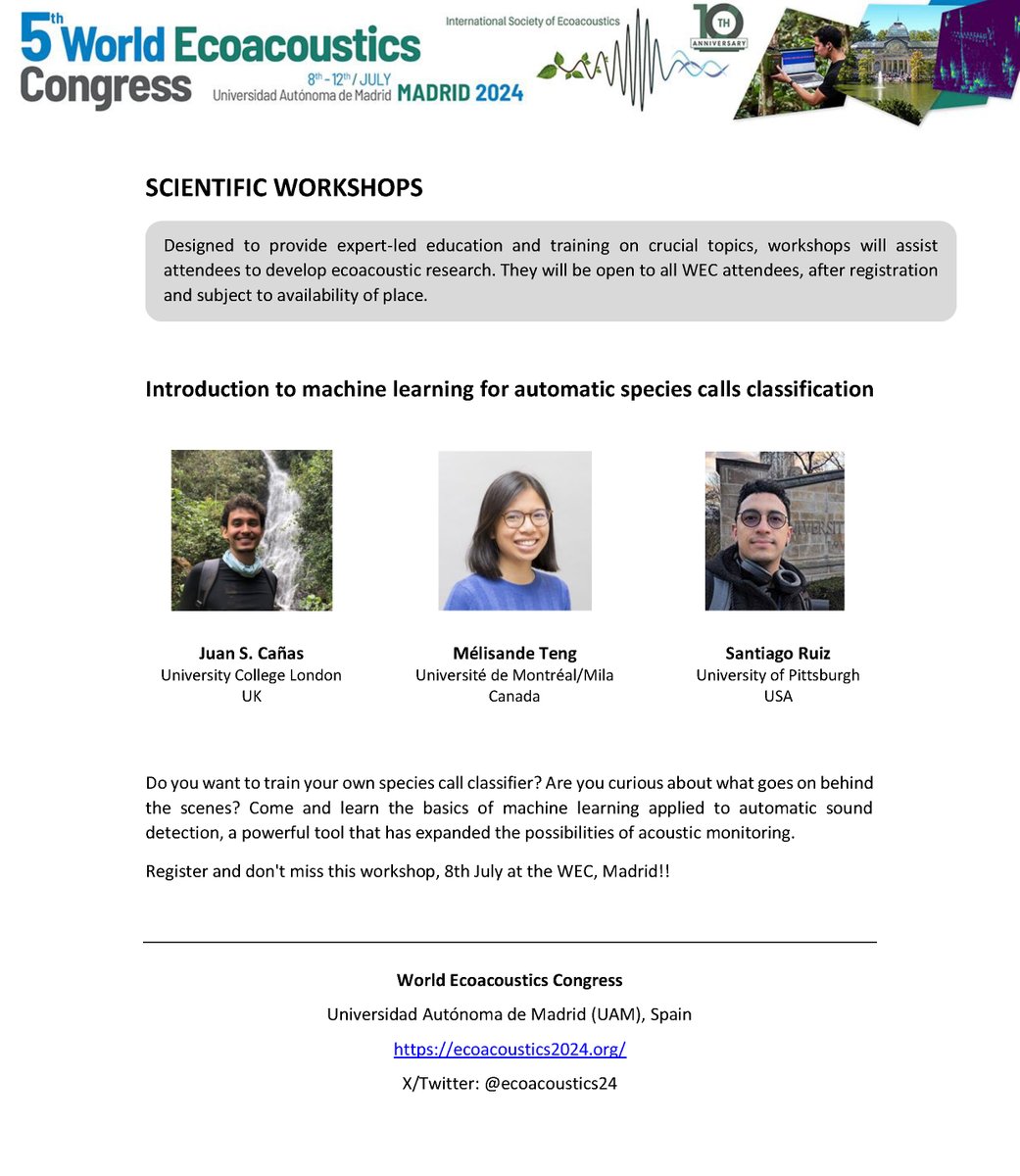 📢Do you want to train your own species call classifier? Curious about what goes on behind the scenes? Learn the basics of ML applied to automatic sound detection, a powerful tool for biodiversity monitoring. Register and enjoy the workshop 8th July Madrid ecoacoustics2024.org