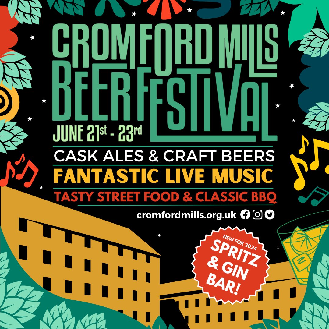 The Cromford Mills Beer Festival is BACK! 🙌🍻
Join us on Fri 21st, Sat 22nd &amp; Sun 23rd June for our BIGGEST EVER selection of cask ales and craft beers from the best local &amp; national breweries, plus brilliant live music from local artists!

Find out more: cromfordmills.org.uk/event/cromford…