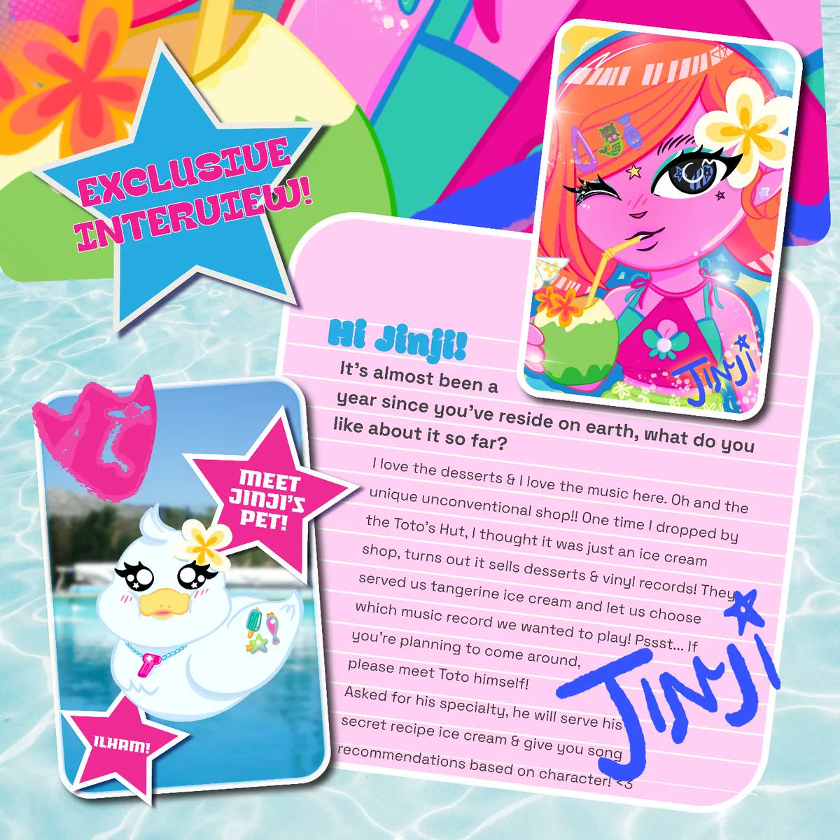 Jinji is back with her new pet duck, ilham!! Together, their on a mission to find the finest ice cream, popsicles, &amp; desserts the earth could offer! 🍨🌞🌺

(ilham the duck back story coming soon~)