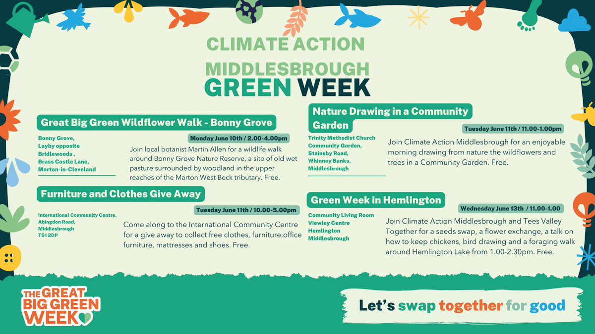 Here's a reminder of some of the things Climate Action Middlesbrough have planned for #GreatBigGreenWeek over the next few days (as well as litter picks &amp; a beach clean with local schools). Come along for some enjoyable, friendly events.
#swaptogether  #LonelinessAwarenessWeek