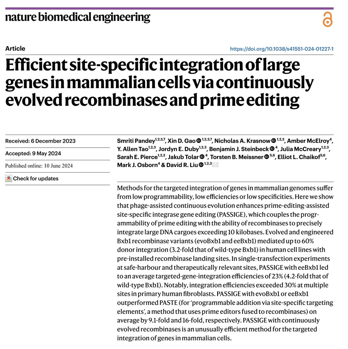 David R. Liu (@davidrliu) on Twitter photo Today we report in <a href="/natBME/">Nature Biomedical Engineering</a> the eePASSIGE system, which uses evolved and engineered recombinases and prime editing to integrate large gene-sized DNA cargoes into the mammalian genome in an efficient, precise, and targeted manner. (1/13)
drive.google.com/file/d/1WDMVqL… Today we report in <a href="/natBME/">Nature Biomedical Engineering</a> the eePASSIGE system, which uses evolved and engineered recombinases and prime editing to integrate large gene-sized DNA cargoes into the mammalian genome in an efficient, precise, and targeted manner. (1/13)
drive.google.com/file/d/1WDMVqL…