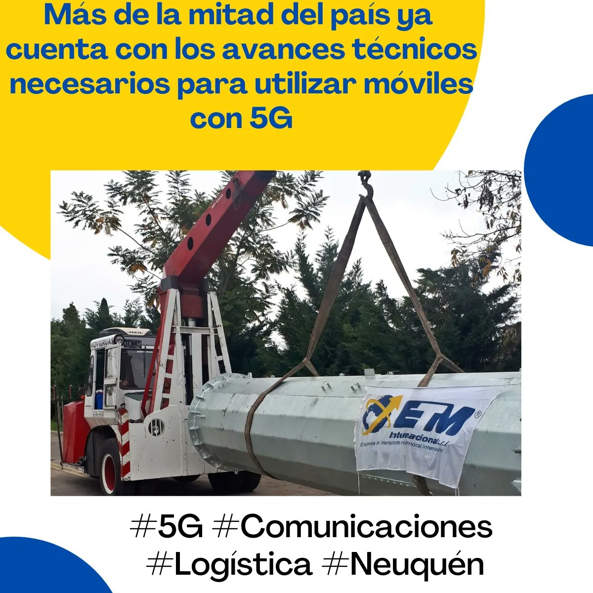 📈Más de la mitad del país ya cuenta con los avances técnicos necesarios para utilizar móviles con 5G.📱

 ETM Internacional SRL está presente con la logística de los equipos que llegan al país y se instalan en el sur.

#5G #Comunicaciones #Logística #Neuquén