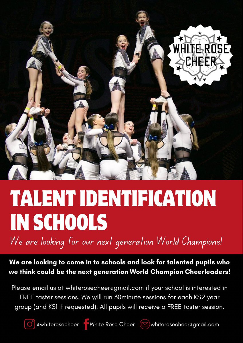 Calling all Leeds Schools!
In collaboration with South Leeds <a href="/LeedsActiveSchs/">Active Schools+</a> <a href="/LeedsWellSchool/">Leeds Well School Partnership</a> we have launched our Talent Identification Program! Would you like a FREE class for your school? Contact us on whiterosecheer@gmail.com to book a slot!
