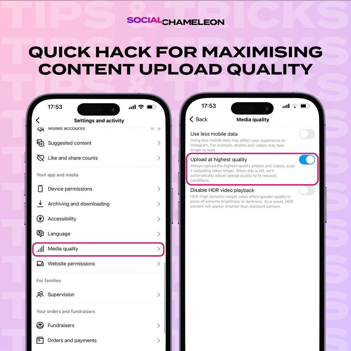 Low quality uploads =💩engagement

Here's a quick hack to maximise your upload quality:

👉Go into Instagram settings
👉Select Media Quality
👉Toggle 'Upload at highest quality' ON
👉Enjoy high quality posting!

#SocialMediaTips #SocialMedia