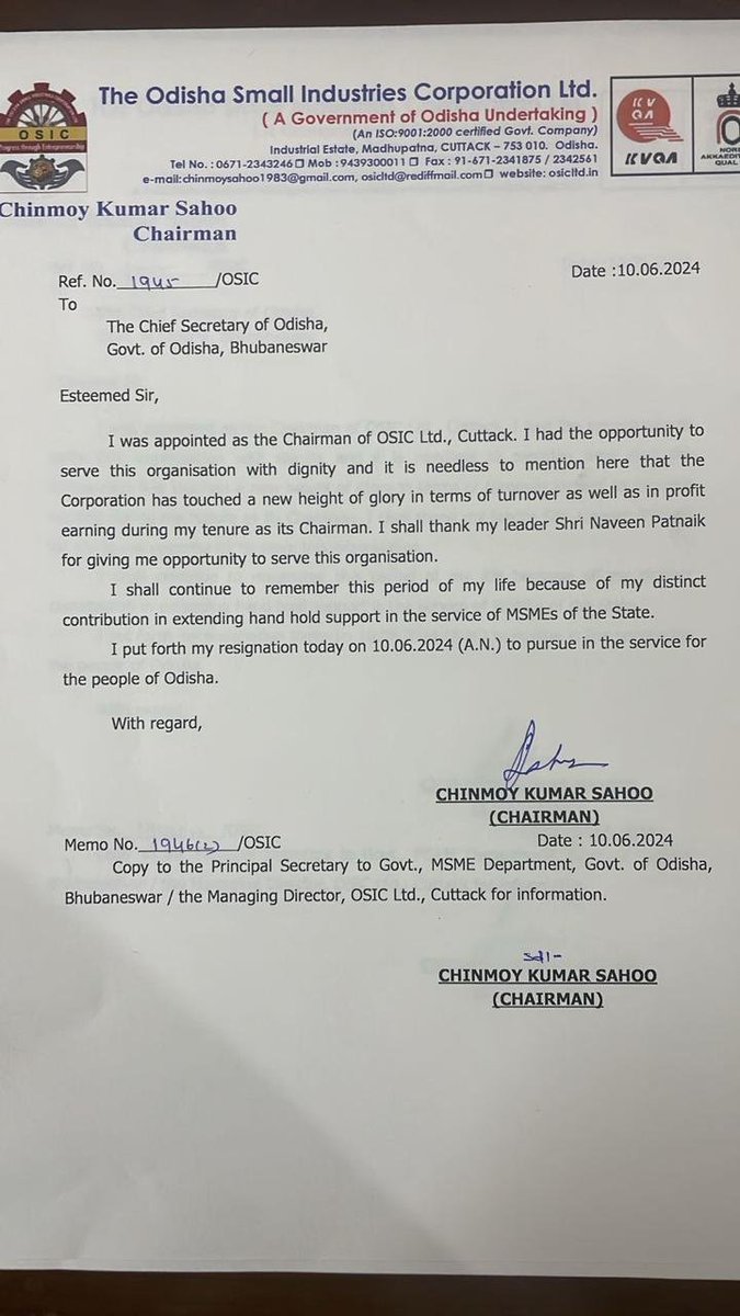 Idam_valam's tweet image. ஒடிசா சிறு தொழில்கள் கழகத்தின் இயக்குநரான சின்மொய் குமார் சாகு தனது பொறுப்பை ராஜினாமா செய்துள்ளார். பிஜு ஜனதா தள அரசு தேர்தலில் தோல்வி அடைந்த நிலையில், தனது பொறுப்பை அவர் ராஜினாமா செய்துள்ளார். #OSIC #Odisha #BJD