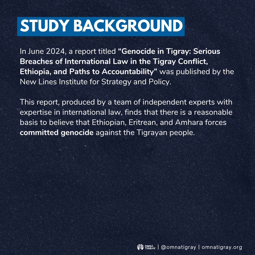 In its 121-page report, <a href="/NewlinesInst/">New Lines Institute</a> details how there is a reasonable basis to believe that Ethiopian, Eritrean, &amp; Amhara forces committed genocide against the #Tigray|an people. A 🧵on the report's findings on #TigrayGenocide &amp; evidence proving genocidal intent. Learn more👇🏾