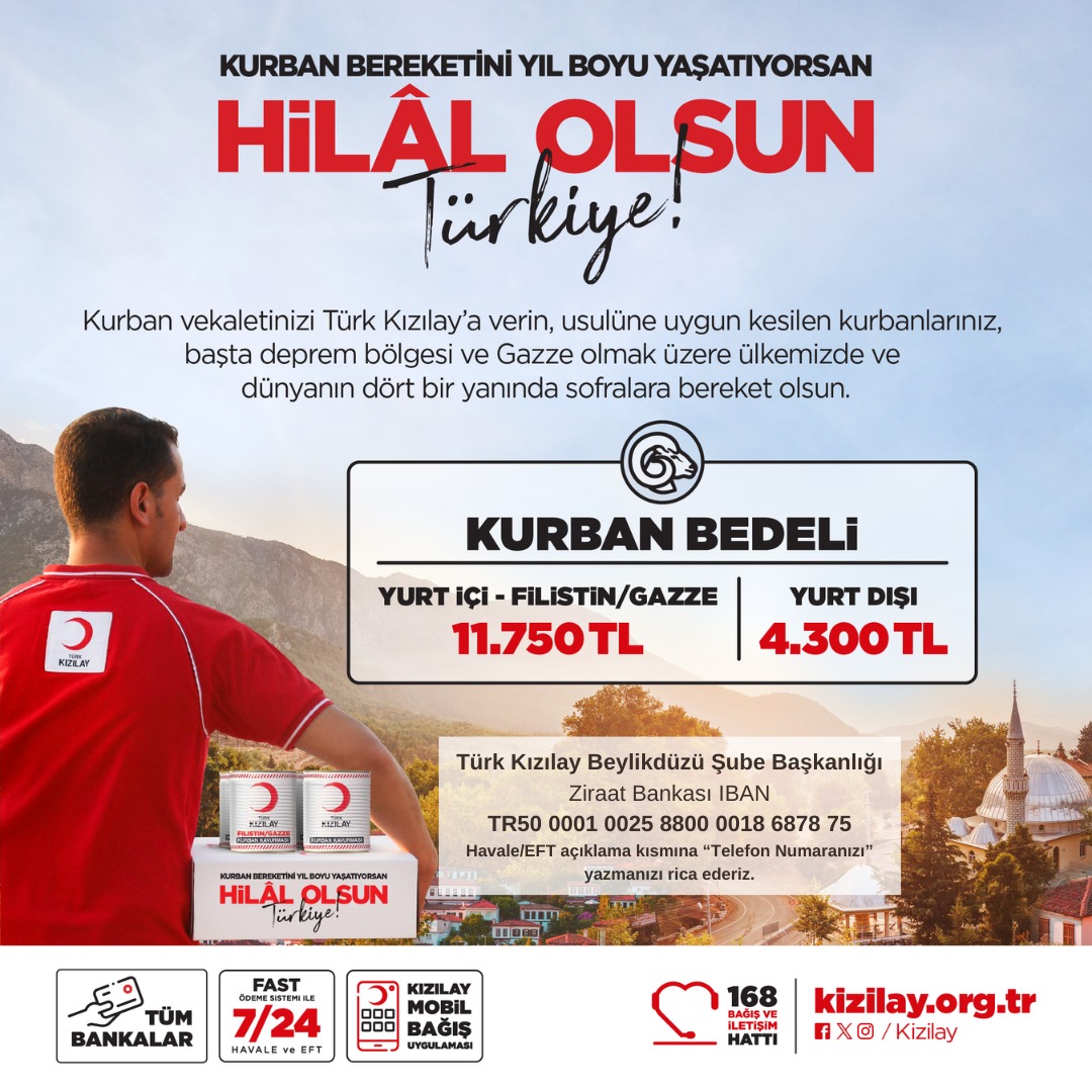 Kurban vekaletinizi Kızılay'a verin, usulüne uygun kesilen kurbanlarınız başta deprem bölgesi ve Gazze olmak üzere ülkemizde ve dünyanın dört bir yanında sofralara bereket olsun.