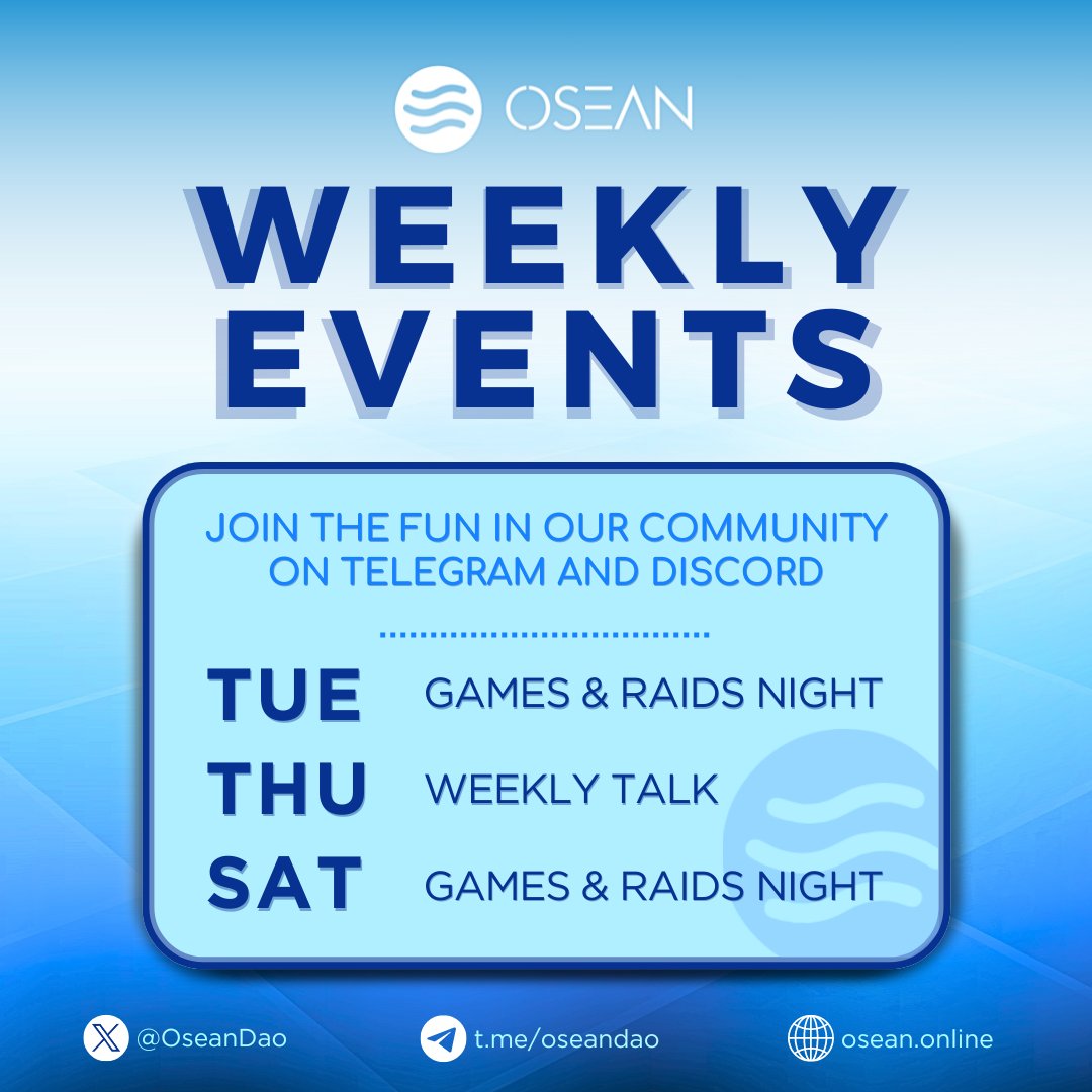 📅Don't miss out on the upcoming #OSEAN Weekly Event and stand a chance to win up to $15! 💸

💬 Weekly OSEAN Talk: Join the project team for an exclusive discussion and get all your questions answered!  

🎲Game Nights: Come to our games and raid event for an evening