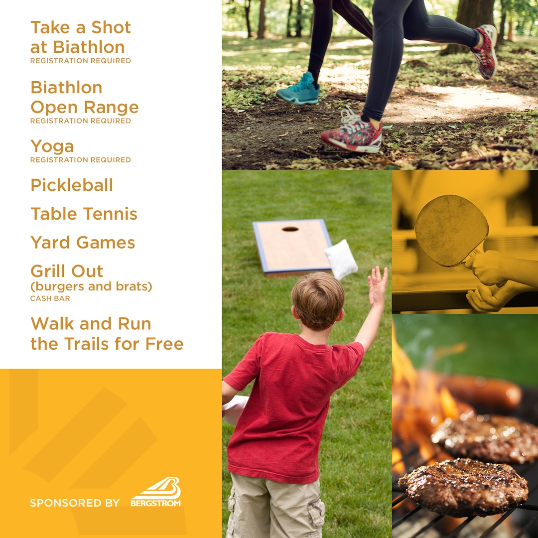 2/2 We'll be grilling out from 5-7 PM with a cash bar onsite. 🍔

Bring your sneakers! Running &amp; walking the trails is free.

Visit AriensNordic.com to register for Take a Shot at Biathlon, Biathlon Open Range, and Yoga.

Summer Wednesdays sponsored by <a href="/bergstromauto/">Bergstrom Automotive</a>.