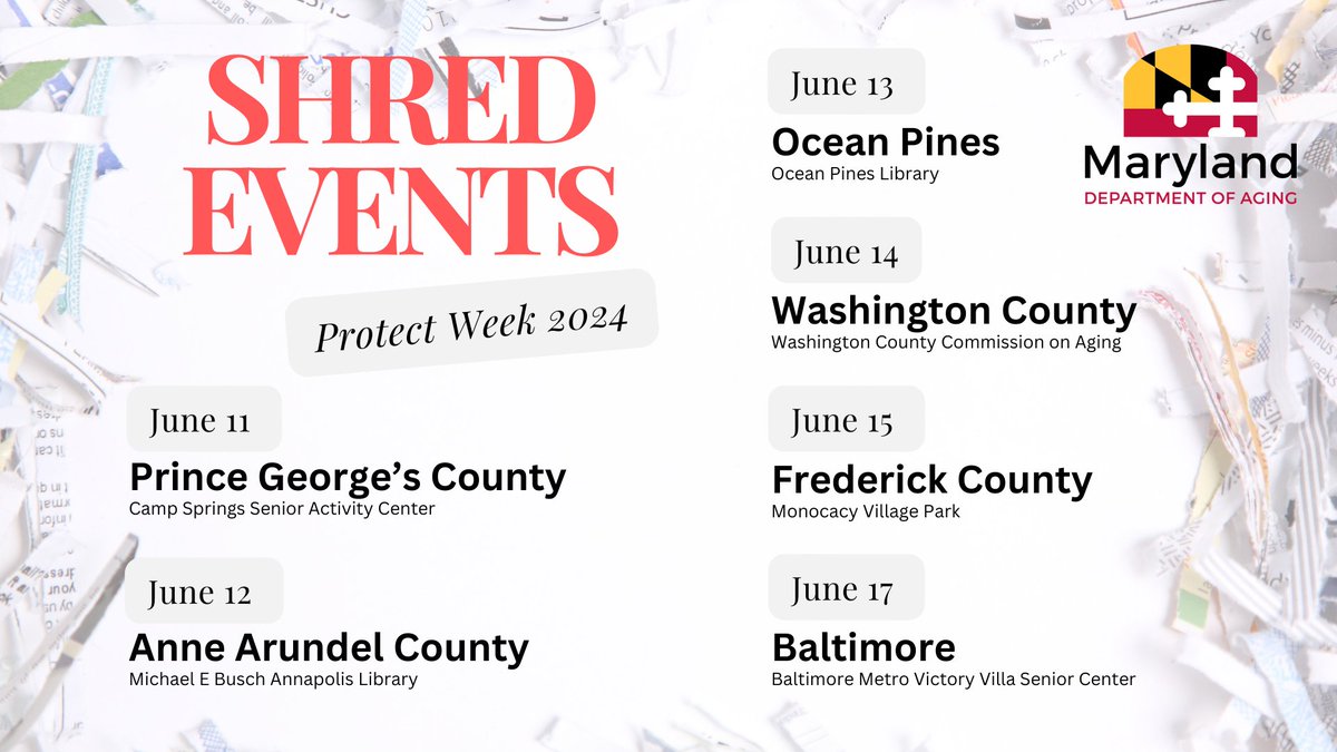 MarylandAging's tweet photo. It's #PROTECTweek! Don't just toss your sensitive documents—shred them for free with AARP! AARP Maryland and partner organizations across the state are hosting shred this week. Visit https://t.co/OFZO5f8pwK to find your nearest location and date below. https://t.co/fHzxUEjUSa