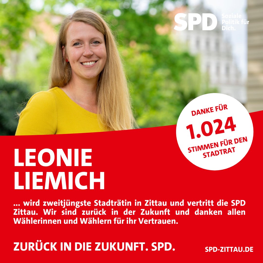 spdzittau's tweet photo. Herzlichen Glückwunsch, liebe Leonie! Unsere Co-Vorsitzende Leonie Liemich wird als zweitjüngste Rätin den Platz für die #SPD im #Zittau.er #Stadtrat einnehmen. Wir danken für 1.024 Stimmen und nehmen das in uns gesetzte Vertrauen mit Demut an. https://t.co/Tid9rQT505