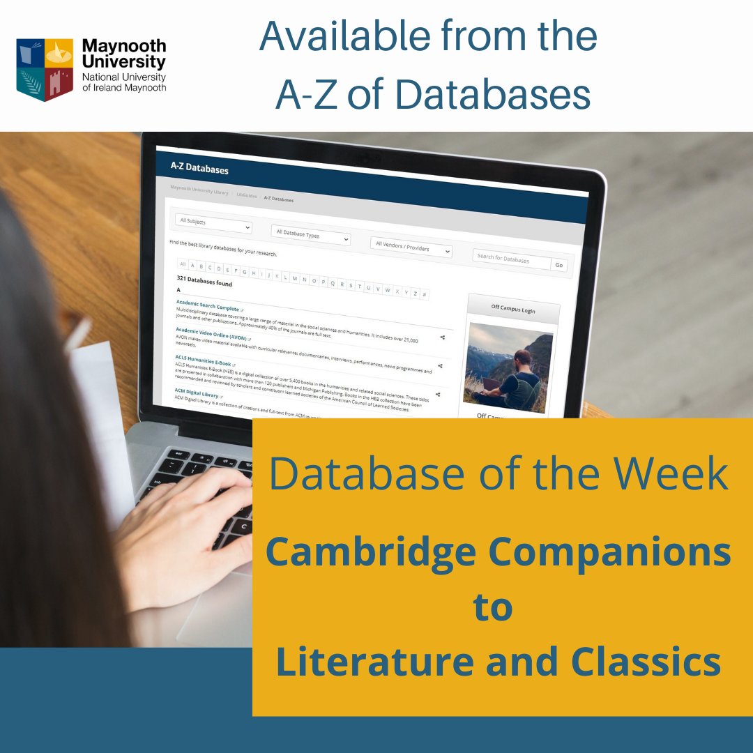 library_MU's tweet photo. Celebrating Bloomsday this week 16/06 with our #MuLibraryDatabaseOfTheWeek
Cambridge Companions to Literature and Classics 
https://t.co/PpWgzH4P5E
1000s of comprehensive &amp;accessible essays on major authors (including James Joyce), 
@MaynoothUni
@StPatsMaynooth https://t.co/HTa5JOm6PR