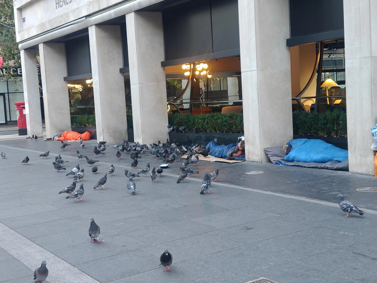 DBrunat's tweet photo. At the early morning, I saw a homeless person sleeping on the streets of London
I saw a woman who got up to feed the pigeons🕊 and then went back to sleep. I felt embarrassed and impolite, so I didn't dare to take a photo again and hurried past. I feel very sorry for them. 😔😔😢 https://t.co/3RKDgqdZij