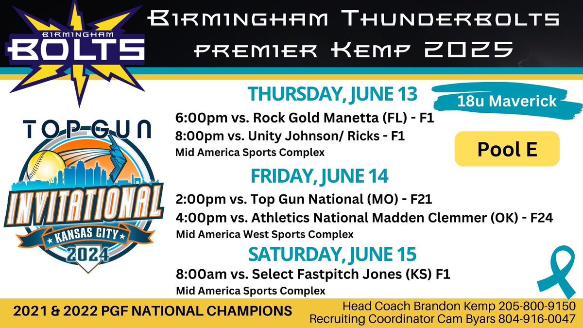 🚨Schedule Update…
✈️ This week we head to Kansas City for the Top Gun Invitational 18u!
See you on Thursday!
#BHMBOLTS
<a href="/BHMBoltsOrg/">Birmingham Thunderbolts Organization</a>