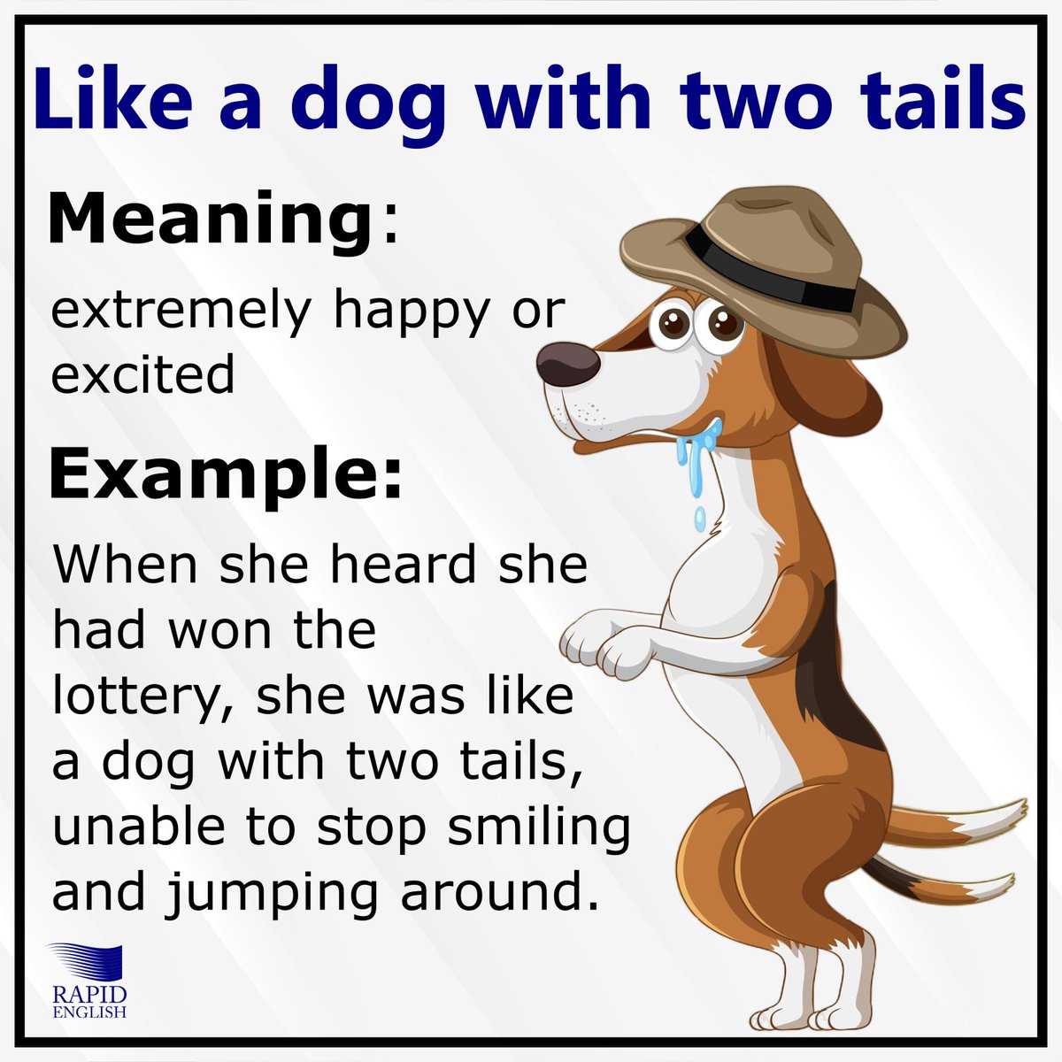 Idiom: Like a dog with two tails. Try to create a sentence using the idiom  : )
