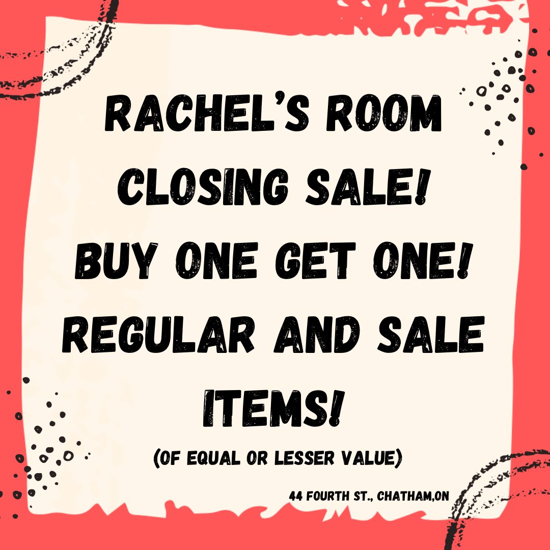 RachelsRoom's tweet photo. We are in the store today. 😀
Buy one get one free!🤯
STOREWIDE
Note*All sales are final
.
.
#shopck #ckont #shoplocal #closingsale #storeclosing #closing #bogo #chatham #sarnia #windsor #london #mpitoronto https://t.co/t8xAOkYFWZ