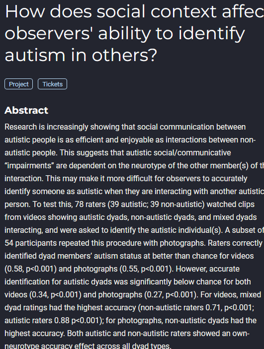 Holly E.A. Sutherland (@heasutherland) on Twitter photo Belated, but I'm talking at #NDAS24 on whether the neurotype of person you're talking to impacts how well observers can identify *your* neurotype (spoiler: it does!), along with whether observer neurotype and stimulus type has impacts (spoiler: it's complicated). Come say hi! Belated, but I'm talking at #NDAS24 on whether the neurotype of person you're talking to impacts how well observers can identify *your* neurotype (spoiler: it does!), along with whether observer neurotype and stimulus type has impacts (spoiler: it's complicated). Come say hi!