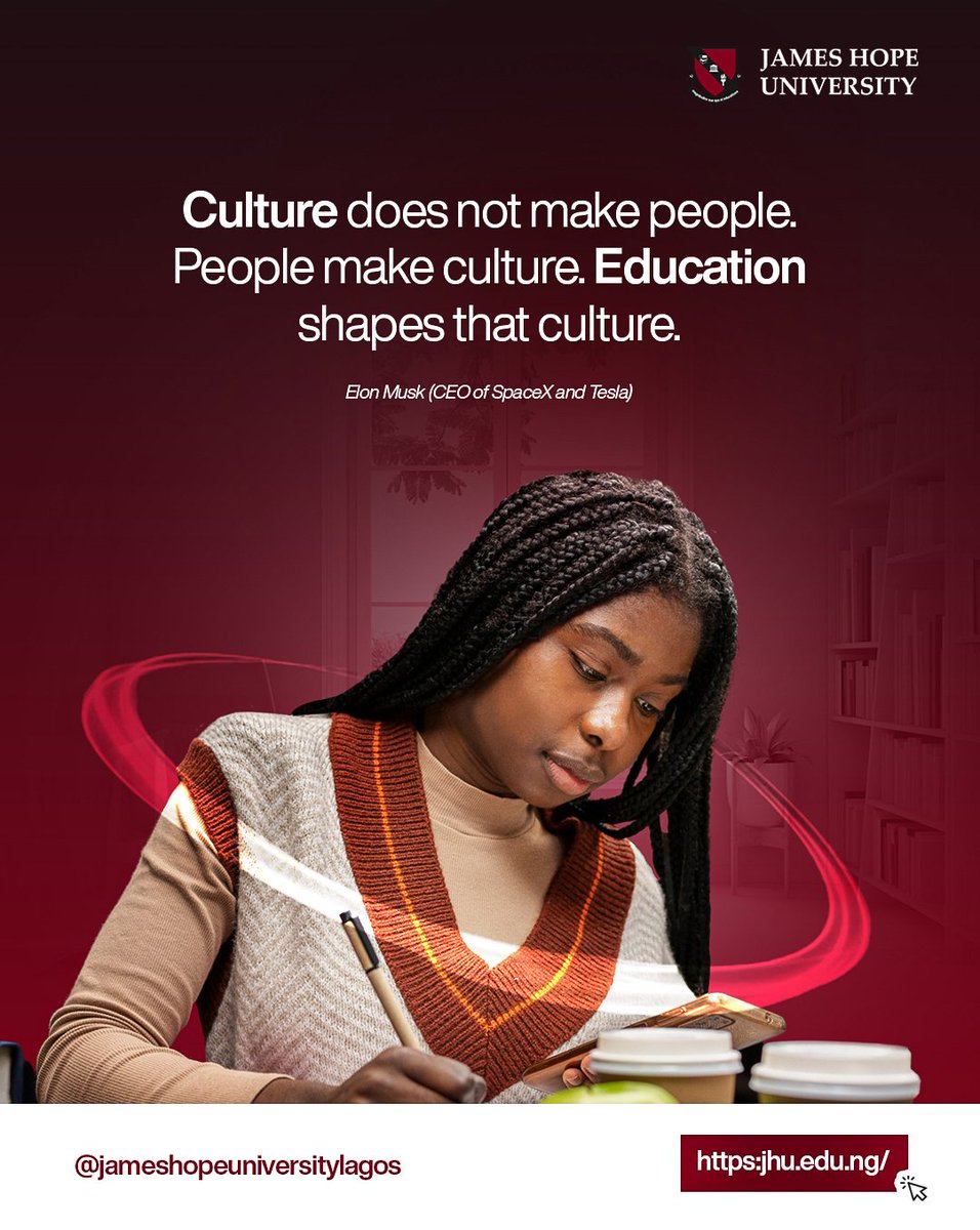 TheJHUniversity's tweet photo. Education is the bedrock upon which culture is built, molding minds and shaping societies. #jameshopeuniversity #jhulagos #educationaltips https://t.co/bh29KSz1Dt