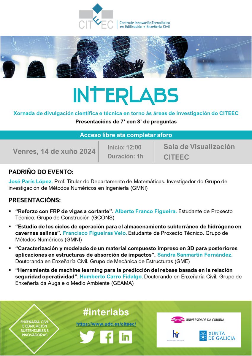 CITEEC_udc's tweet photo. 🔊Temos nova edición do #INTERLABS, no que participarán estudantes de 4 dos nosos grupos de investigación: @gCONS_udc, @GMNI_coruna, #GME e #GEAMA e contaremos con @jose_paris_iccp de padriño
🗓️ Venres 14 de xuño - 12h
📍 Sala de Visualización do CITEEC
➕info no cartel 👇 https://t.co/hOKVuhN2KD