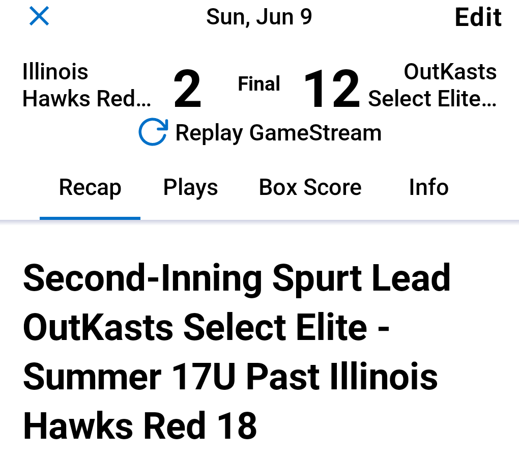 Outkasts2023's tweet photo. Big win 12-2 over Illinois Hawks 18u...
@BrettGatch4 4IN, 2H, 3K, 2R
@RadtkeAiden 2H, 3RBI
@RafeSlager 2H, HR, 3RBI
@MorganKosmos HR, 3RBI
@PBR_Uncommitted @PrepBaseballIL @PrepBaseballIN @PrepBaseballWI @EliteRecruits_ @teamexposureBB @WLC_Base https://t.co/QU7w2468Kt