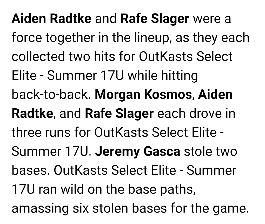 Outkasts2023's tweet photo. Big win 12-2 over Illinois Hawks 18u...
@BrettGatch4 4IN, 2H, 3K, 2R
@RadtkeAiden 2H, 3RBI
@RafeSlager 2H, HR, 3RBI
@MorganKosmos HR, 3RBI
@PBR_Uncommitted @PrepBaseballIL @PrepBaseballIN @PrepBaseballWI @EliteRecruits_ @teamexposureBB @WLC_Base https://t.co/QU7w2468Kt