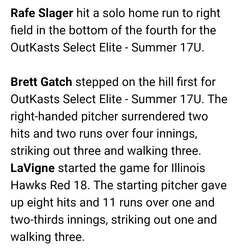 Outkasts2023's tweet photo. Big win 12-2 over Illinois Hawks 18u...
@BrettGatch4 4IN, 2H, 3K, 2R
@RadtkeAiden 2H, 3RBI
@RafeSlager 2H, HR, 3RBI
@MorganKosmos HR, 3RBI
@PBR_Uncommitted @PrepBaseballIL @PrepBaseballIN @PrepBaseballWI @EliteRecruits_ @teamexposureBB @WLC_Base https://t.co/QU7w2468Kt