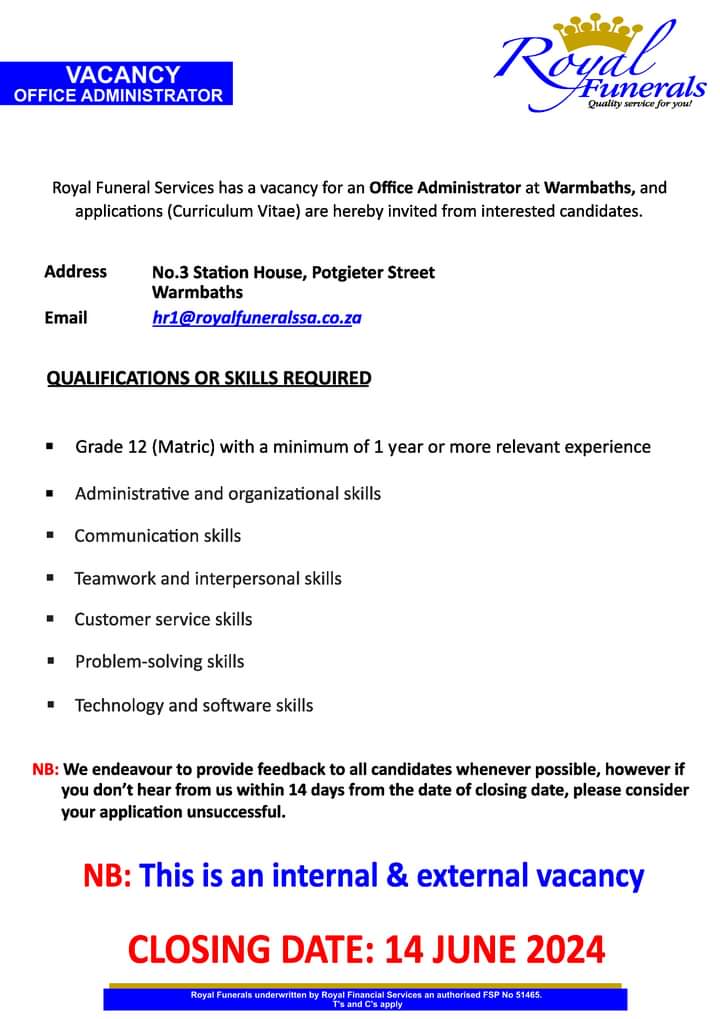 CarolBoitumelo1's tweet photo. Royal funerals is hiring a Office Administrator
Send your CV to info@royalfuneralssa.co.za
#25yrsofexcellence
#YouthMonth
#QualityServiceForYOU https://t.co/tFwy5zueb7