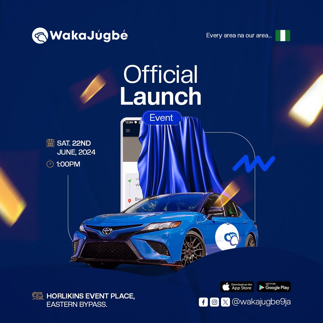 Exciting News 🥳🥳🥳🥳🥳
Our Official Launch Date is here🥳🥳

This is an official invitation for you to join <a href="/wakajugbe9ja/">Wakajugbe</a> on the 22nd of June as we launch. 

Venue: HORLIKINS EVENT CENTRE 
Time: 1pm 

Tell a friend to tell a friend! 
This is going to be an exciting Party🥳🥳